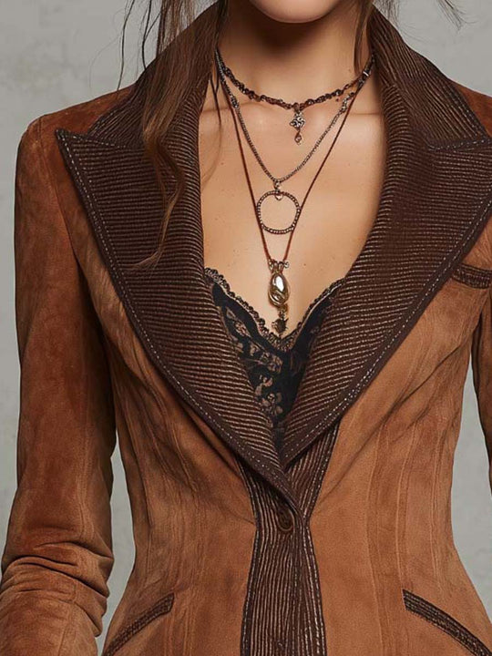 Vintage Western Tan Faux Suede Fitted Waist Ribbed Contrast Trim Lapel Blazer Jacket