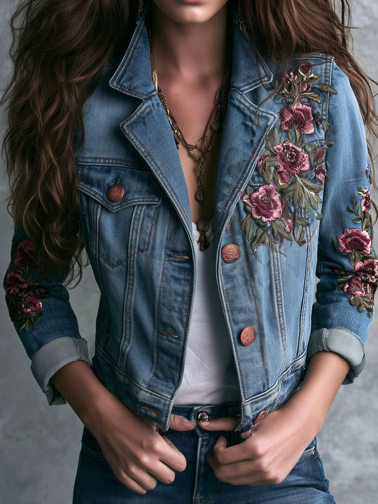 Boho‑Chic Floral Rose Embroidered Cropped Denim Jacket
