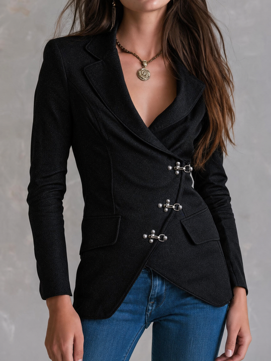 Quiet Luxury Shimmer Woolen Blend Asymmetric Lapel Collar Metal‑Clasp Jacket