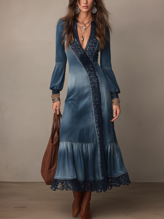 Refined Denim Blue Lace Trim Wrap Maxi Dress
