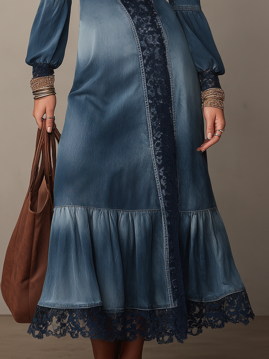 Refined Denim Blue Lace Trim Wrap Maxi Dress