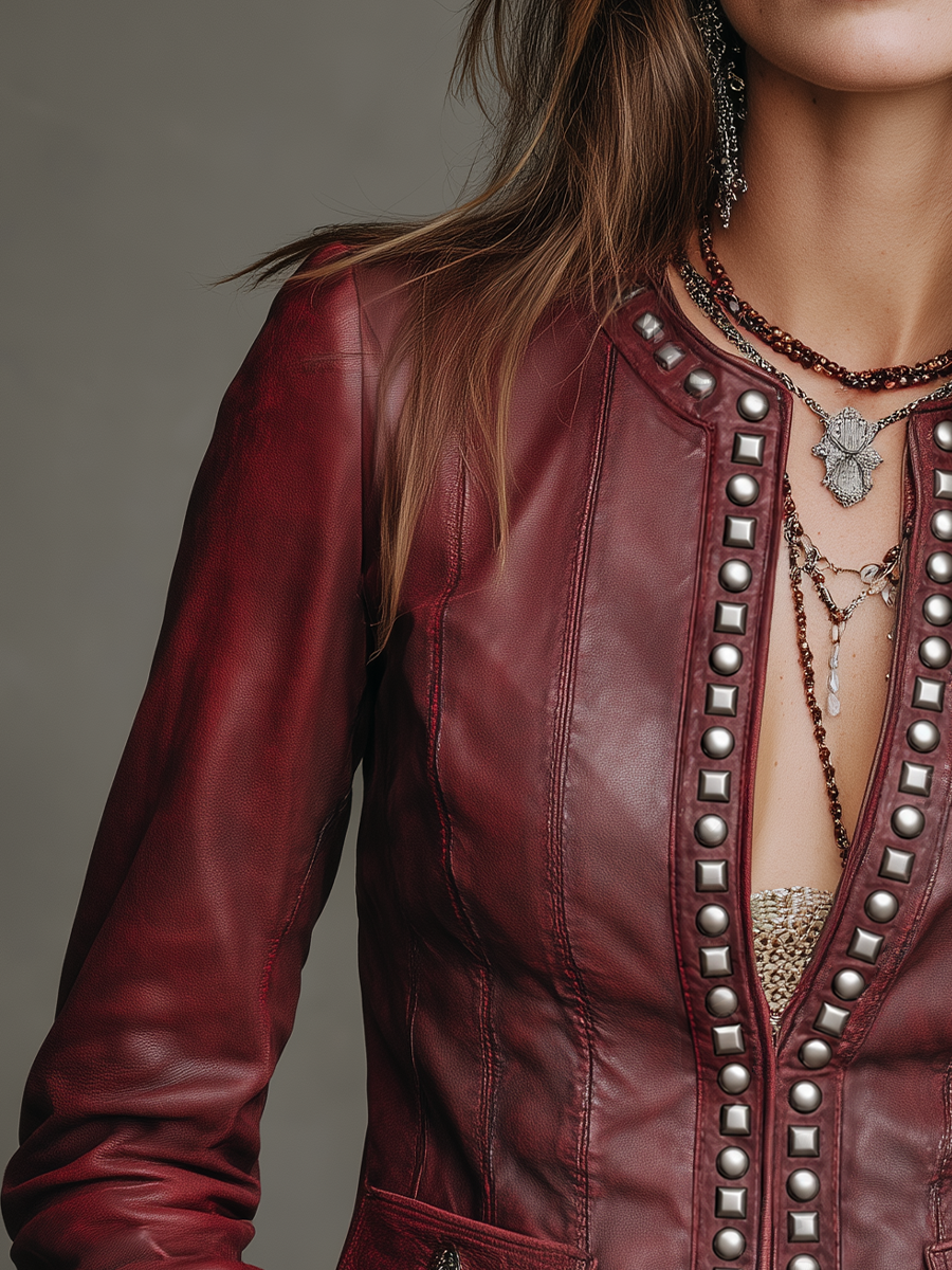 Edgy Burgundy Studded Faux Leather Jacket