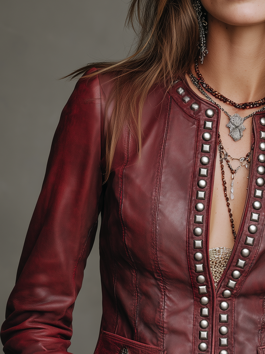 Edgy Burgundy Studded Faux Leather Jacket