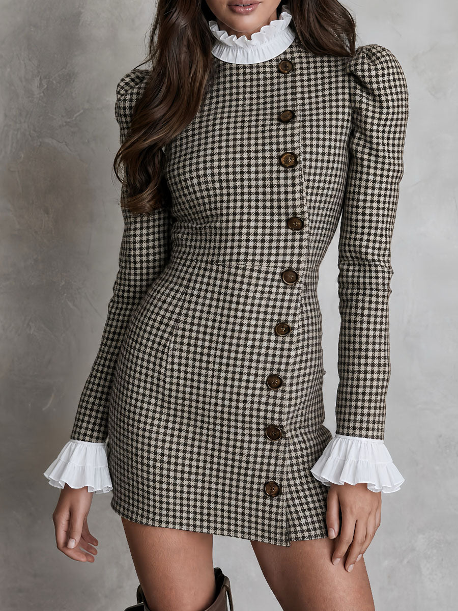 Vintage Houndstooth Contrast Ruffle Cuff Bodycon Dress