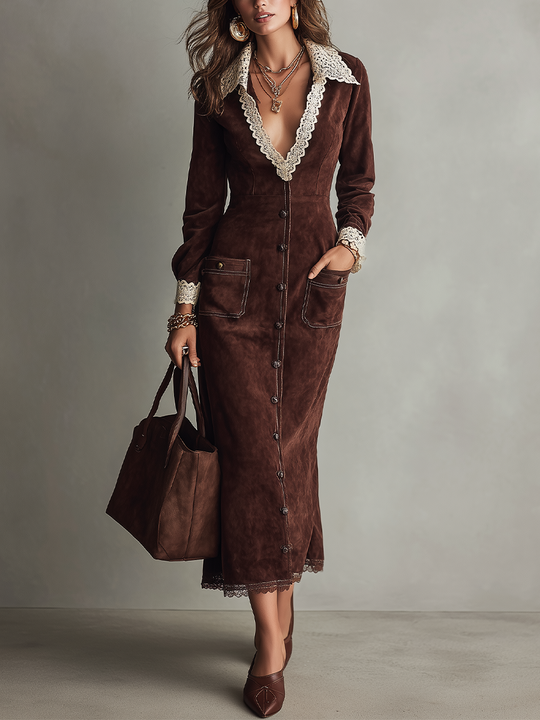 Vintage Chocolate Brown Lace Trim Button Maxi Dress