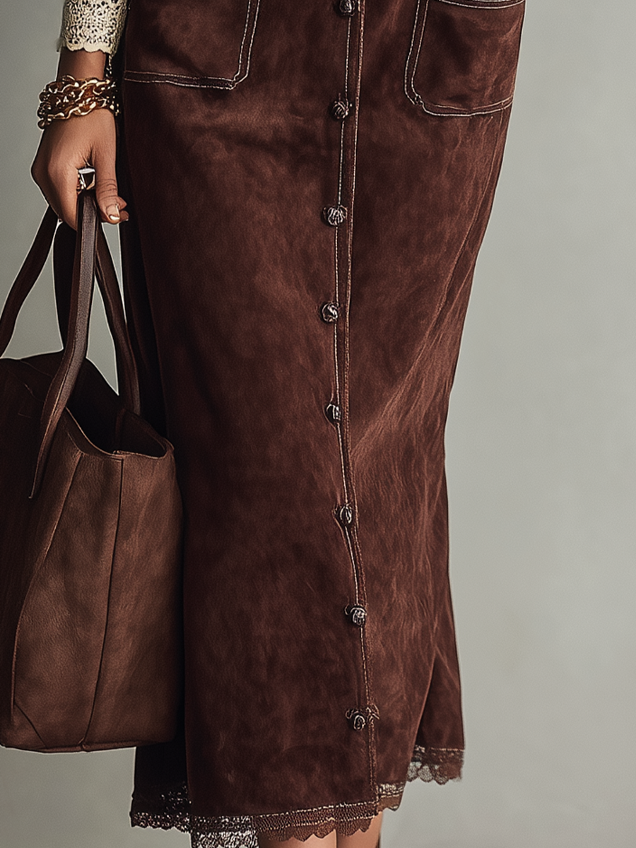 Vintage Chocolate Brown Lace Trim Button Maxi Dress