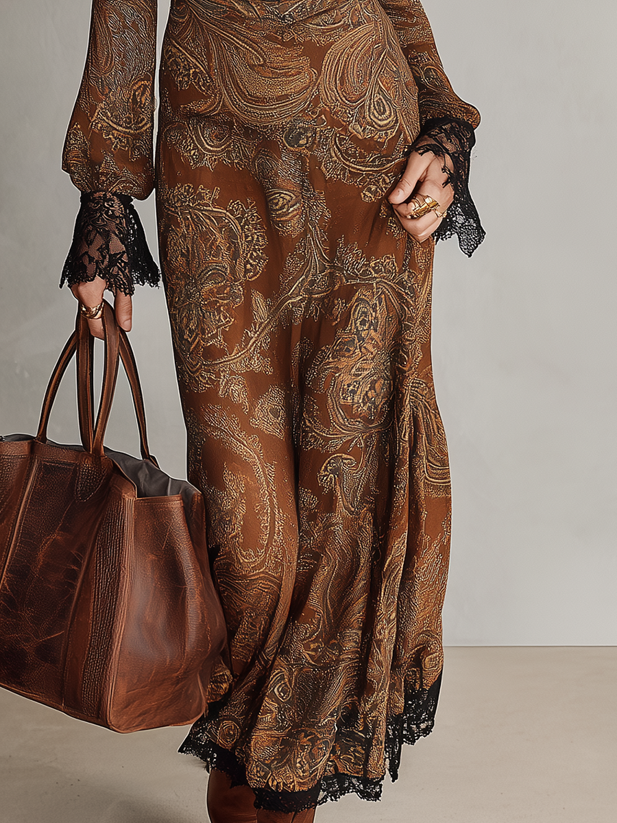 Artisanal Rust Brown Paisley Lace Trim Maxi Dress