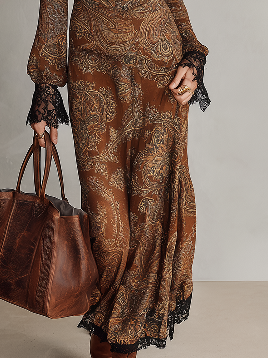 Artisanal Rust Brown Paisley Lace Trim Maxi Dress