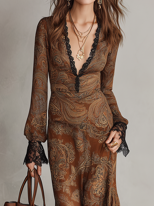 Artisanal Rust Brown Paisley Lace Trim Maxi Dress