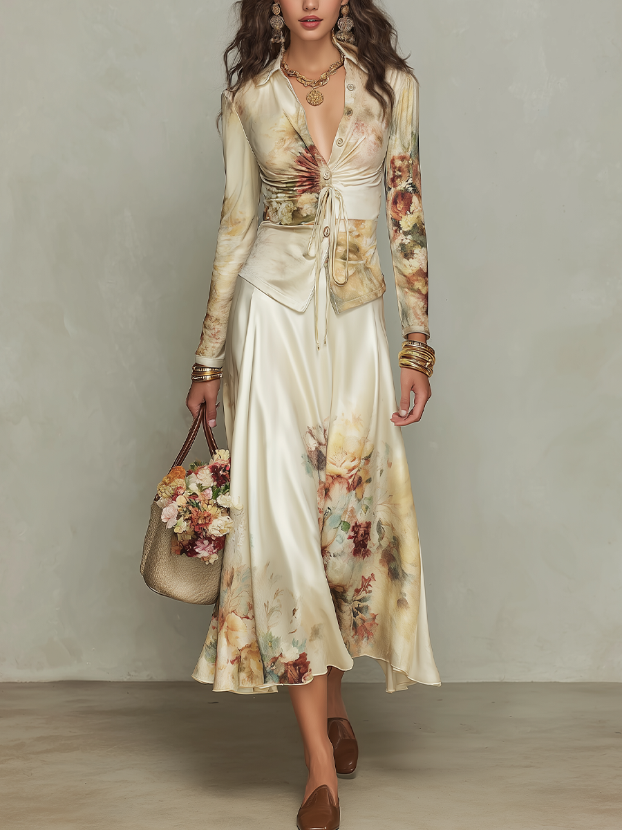 Elegant Ivory Floral Print Satin Skirt Set