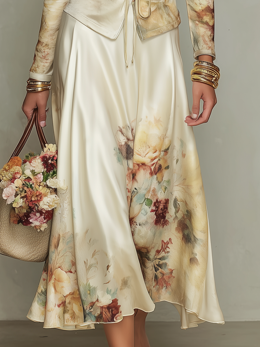 Elegant Ivory Floral Print Satin Skirt Set