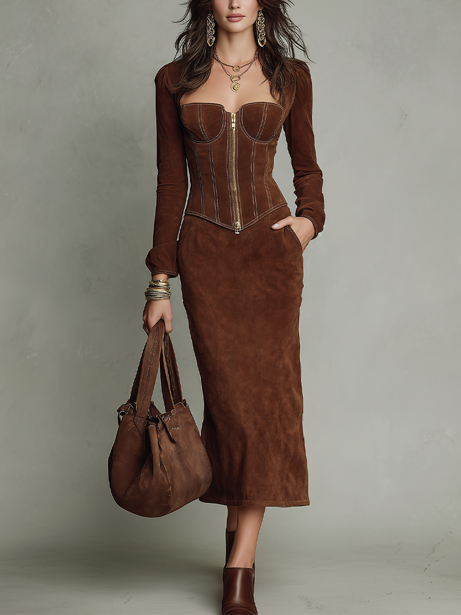 Sculpted Chocolate Brown Corset Skirt Set