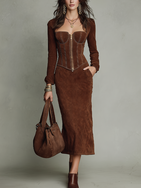 Sculpted Chocolate Brown Corset Skirt Set
