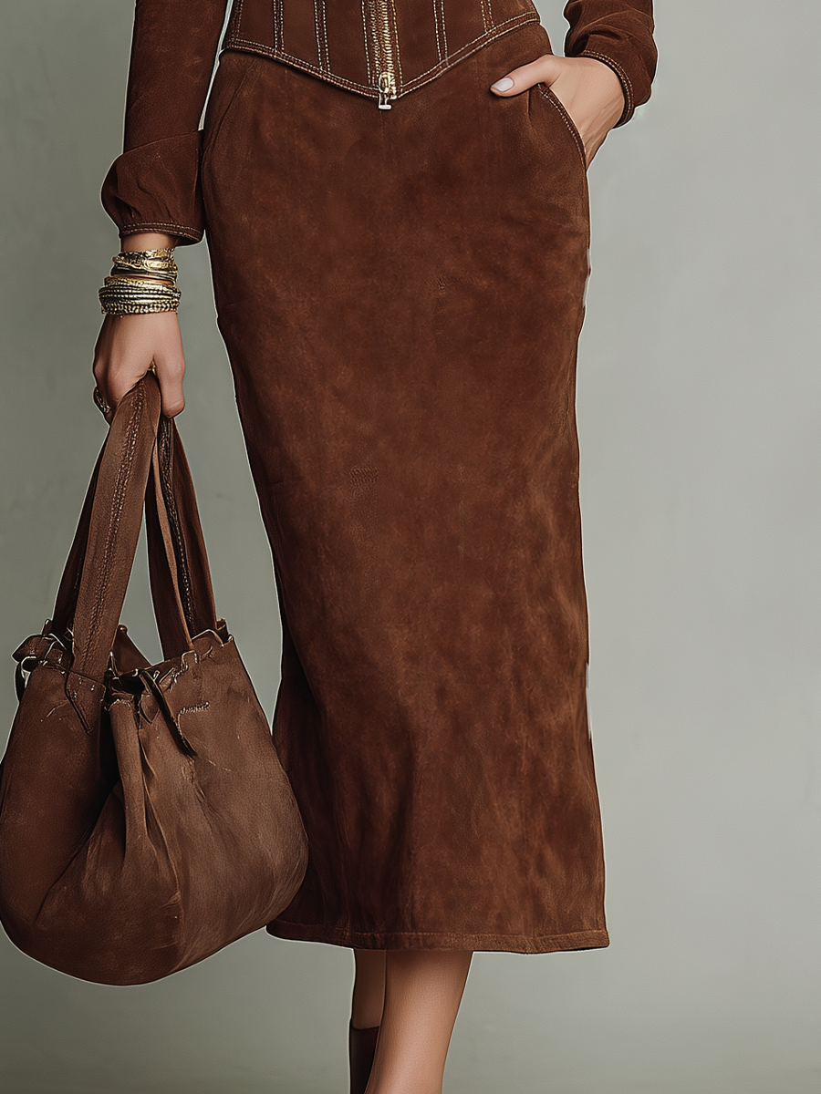 Sculpted Chocolate Brown Corset Skirt Set