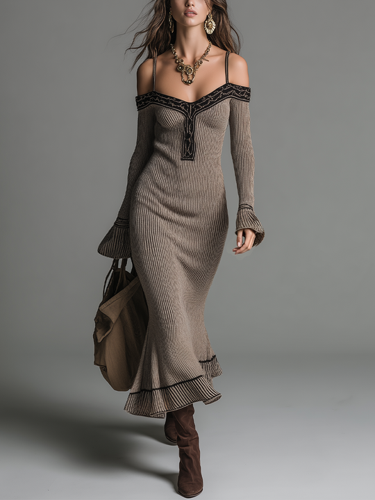 Refined Taupe Brown Off-Shoulder Knit Maxi Dress