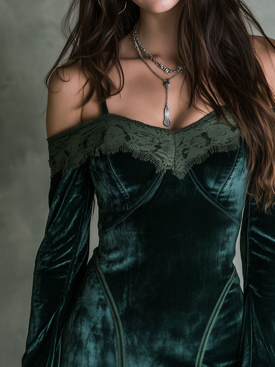 Boho Emerald Green Velvet Lace Trim Mini Dress