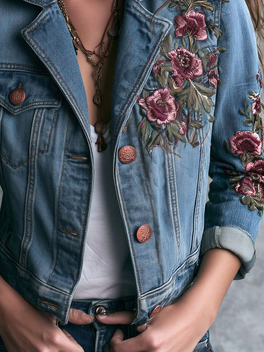 Boho‑Chic Floral Rose Embroidered Cropped Denim Jacket