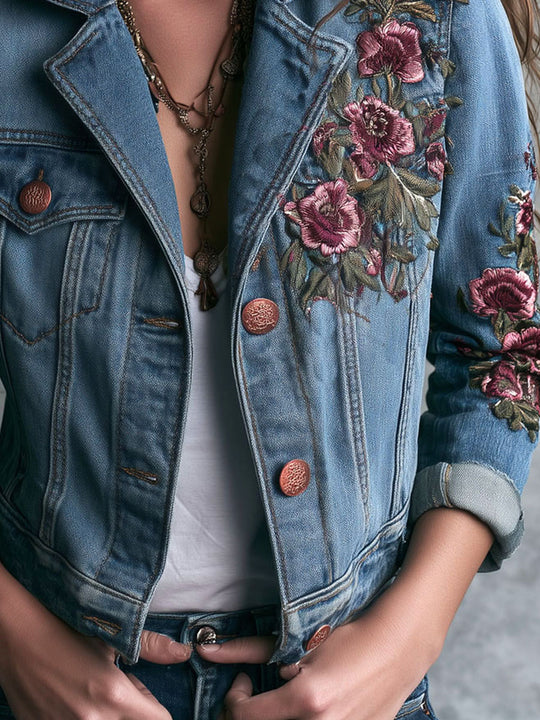 Boho‑Chic Floral Rose Embroidered Cropped Denim Jacket