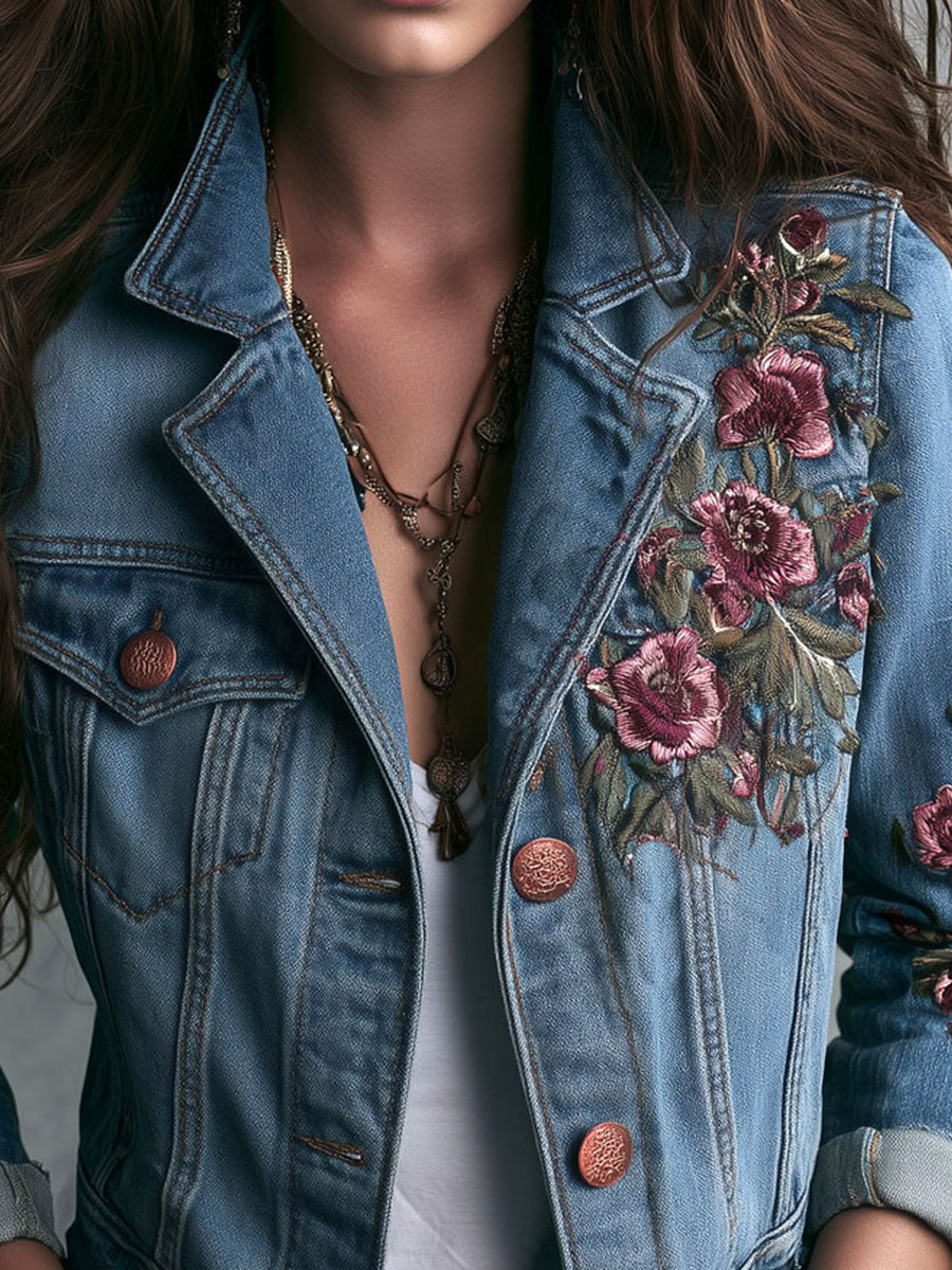 Boho‑Chic Floral Rose Embroidered Cropped Denim Jacket