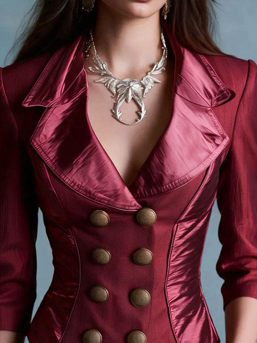 Retro Double‑Breasted Burgundy Satin Victorian Jacket
