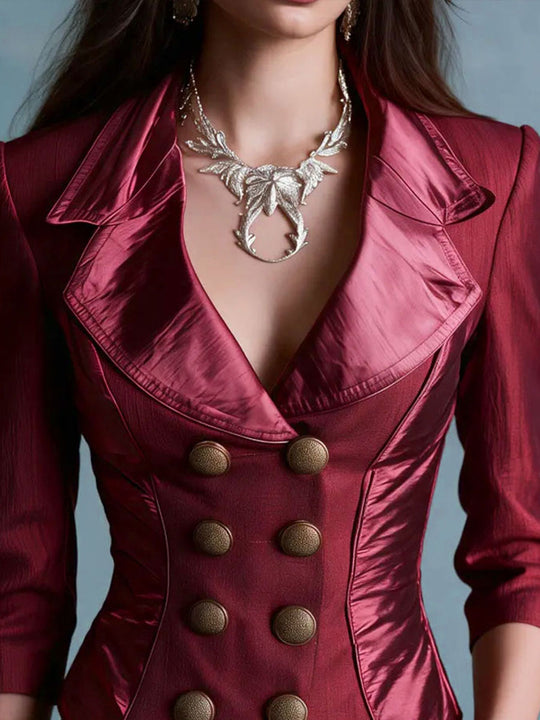 Retro Double‑Breasted Burgundy Satin Victorian Jacket