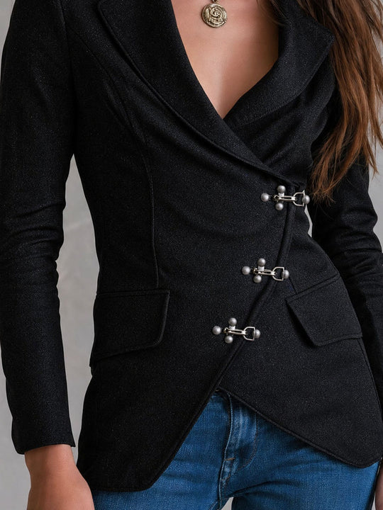Quiet Luxury Shimmer Woolen Blend Asymmetric Lapel Collar Metal‑Clasp Jacket