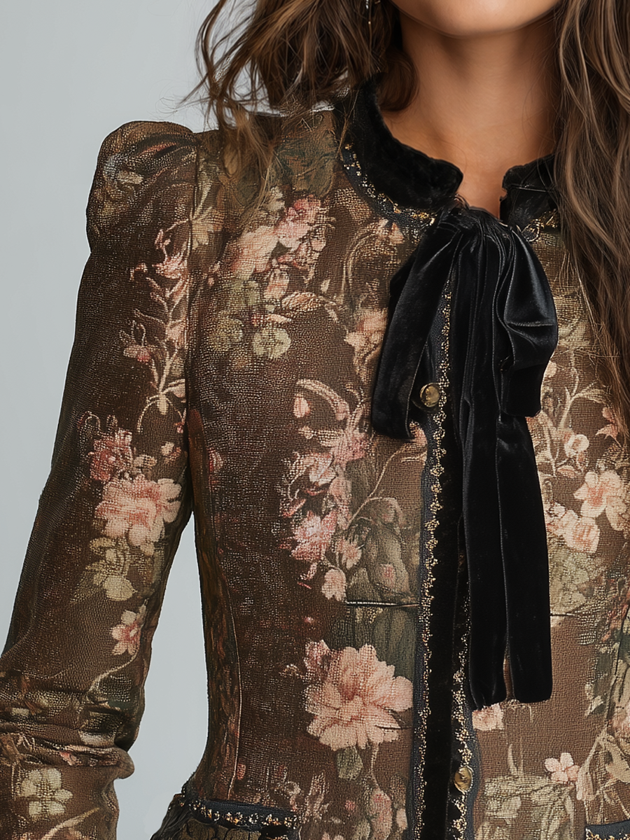 Vintage Brown Floral Velvet Trim Jacket