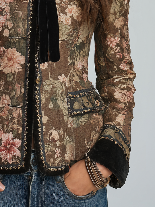 Vintage Brown Floral Velvet Trim Jacket