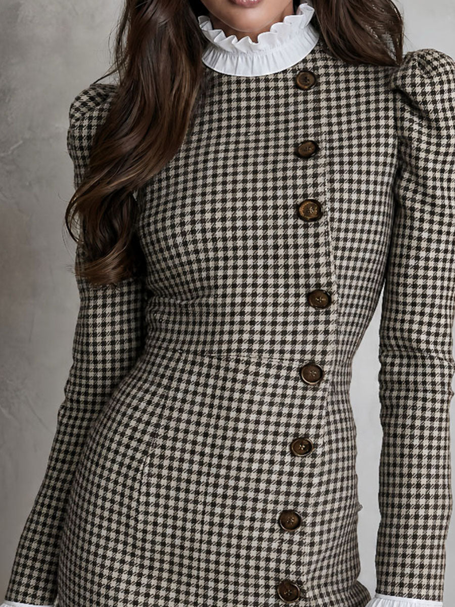 Vintage Houndstooth Contrast Ruffle Cuff Bodycon Dress