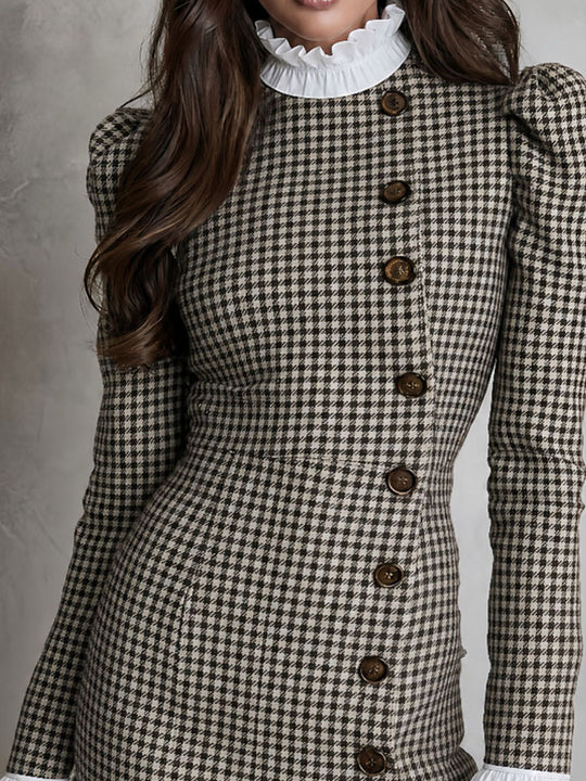 Vintage Houndstooth Contrast Ruffle Cuff Bodycon Dress