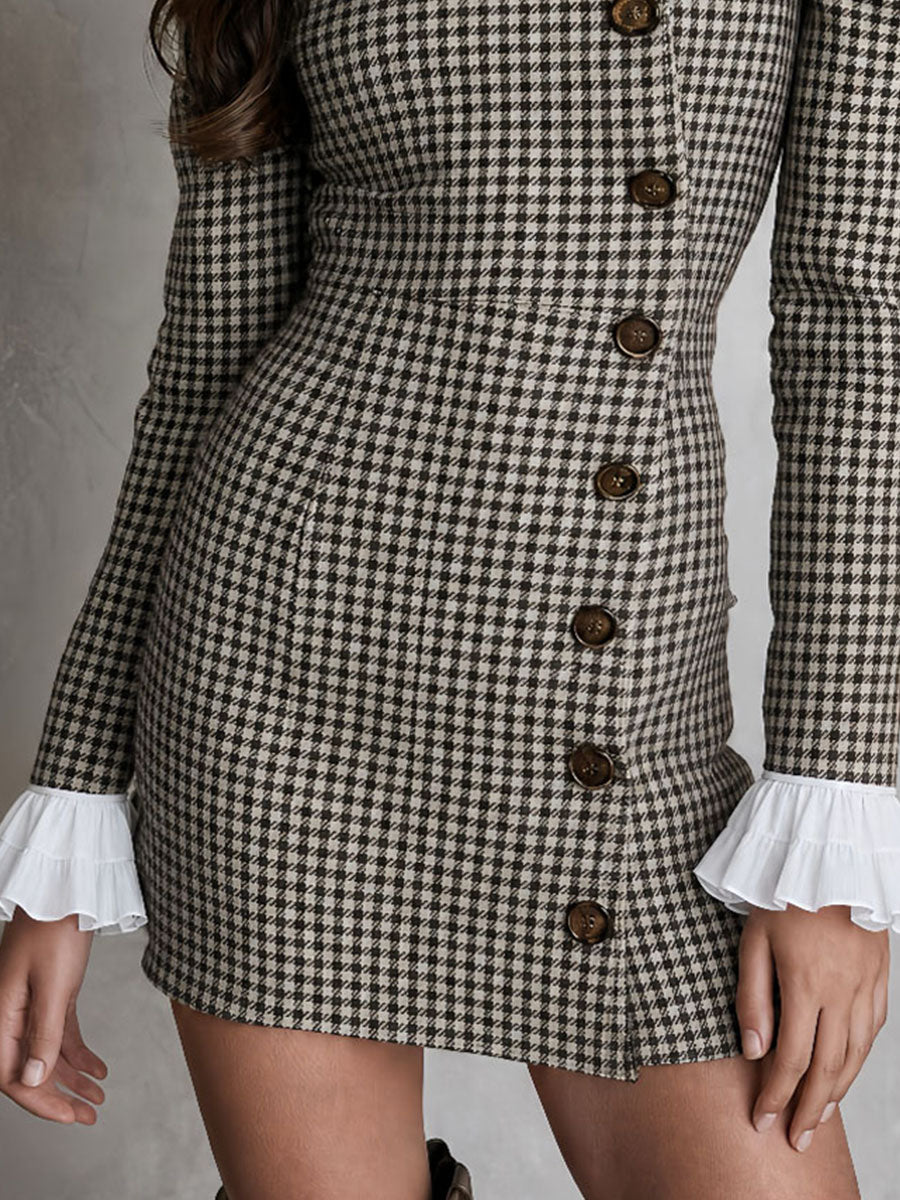 Vintage Houndstooth Contrast Ruffle Cuff Bodycon Dress