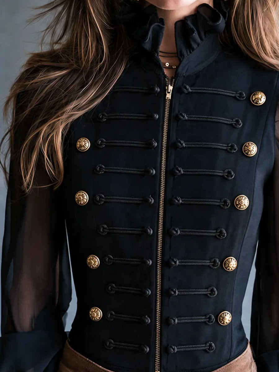 Retro Band‑Style Cropped Jacket Ruffle Stand Collar Sheer Long‑Sleeve Shirt