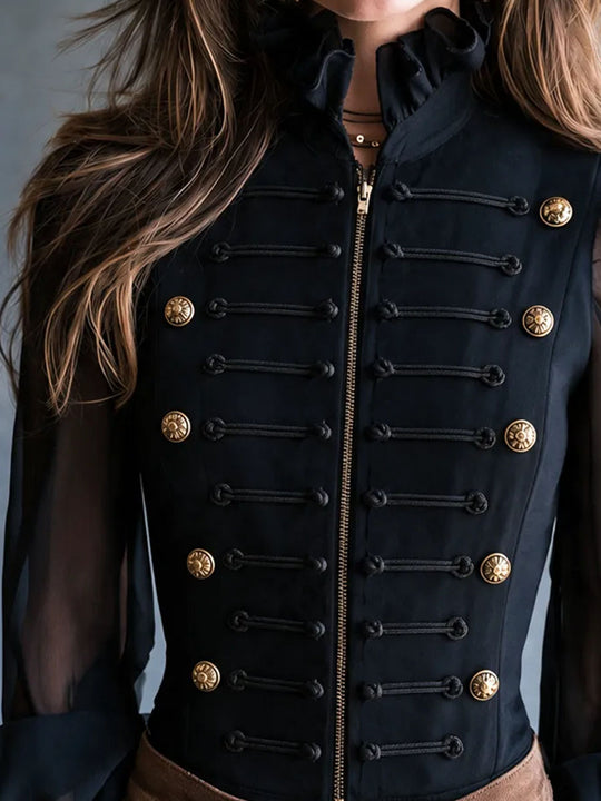 Retro Band‑Style Cropped Jacket Ruffle Stand Collar Sheer Long‑Sleeve Shirt
