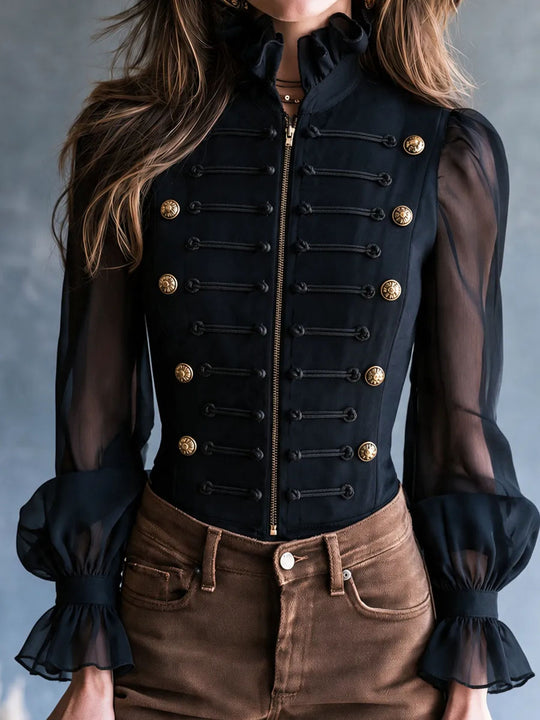 Retro Band‑Style Cropped Jacket Ruffle Stand Collar Sheer Long‑Sleeve Shirt