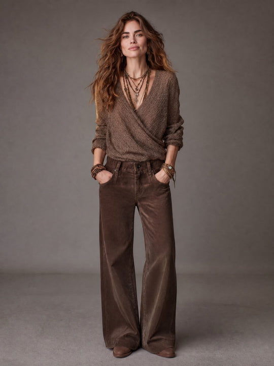 Boho Wrap V-Neck Metallic Knit Sweater