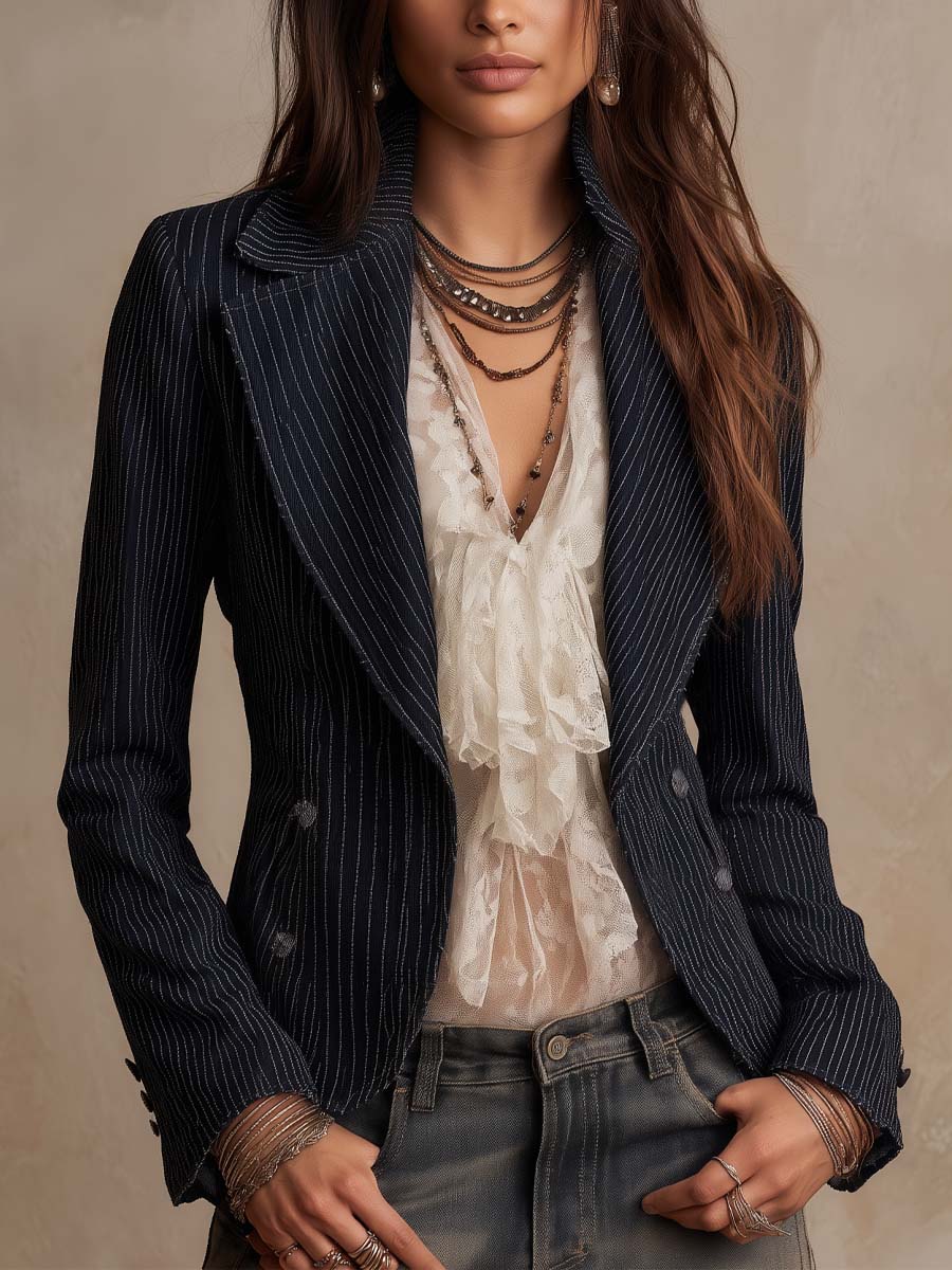 Vintage Denim Pinstripe Double-Breasted Blazer Jacket