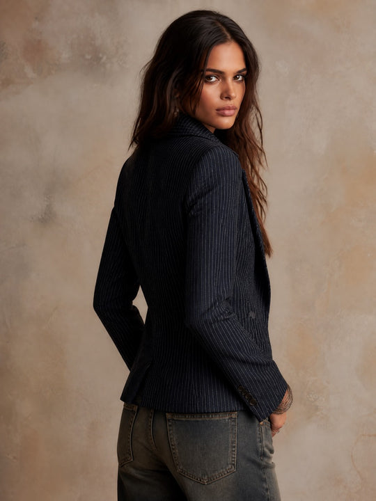 Vintage Denim Pinstripe Double-Breasted Blazer Jacket