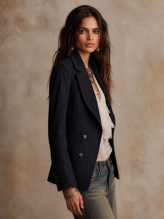 Vintage Denim Pinstripe Double-Breasted Blazer Jacket