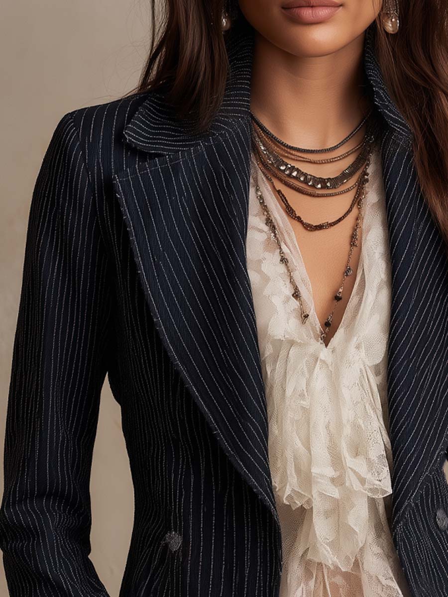 Vintage Denim Pinstripe Double-Breasted Blazer Jacket