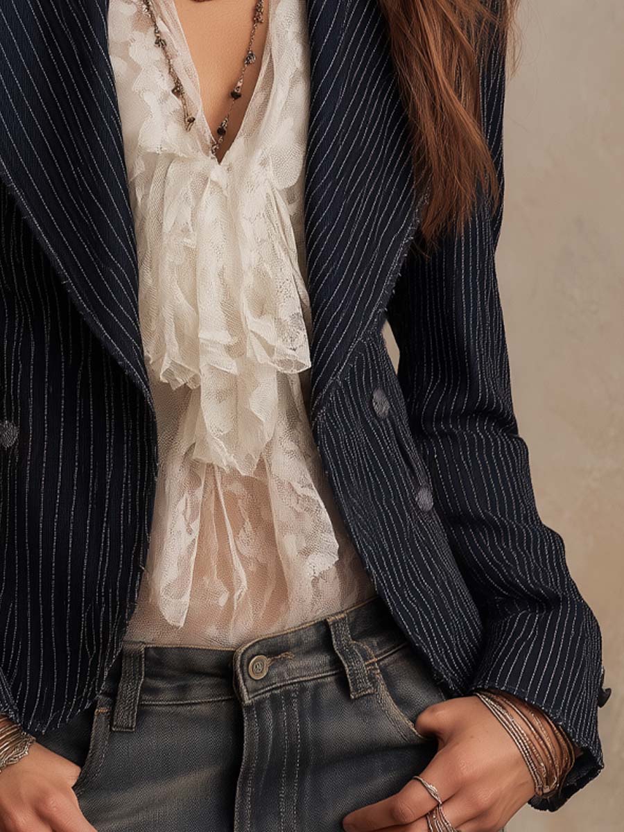 Vintage Denim Pinstripe Double-Breasted Blazer Jacket