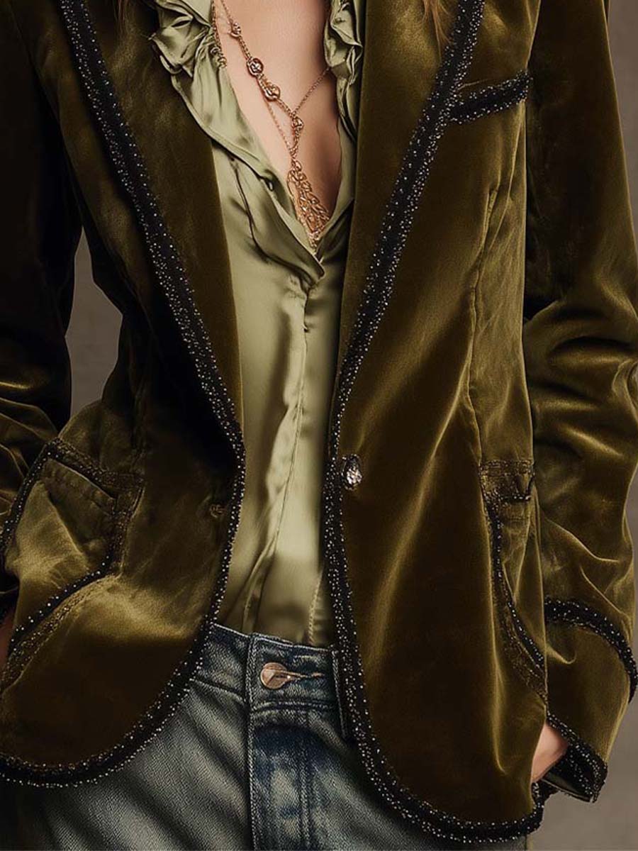 Boho Vintage Olive Velvet Jacket Black Edge Detail