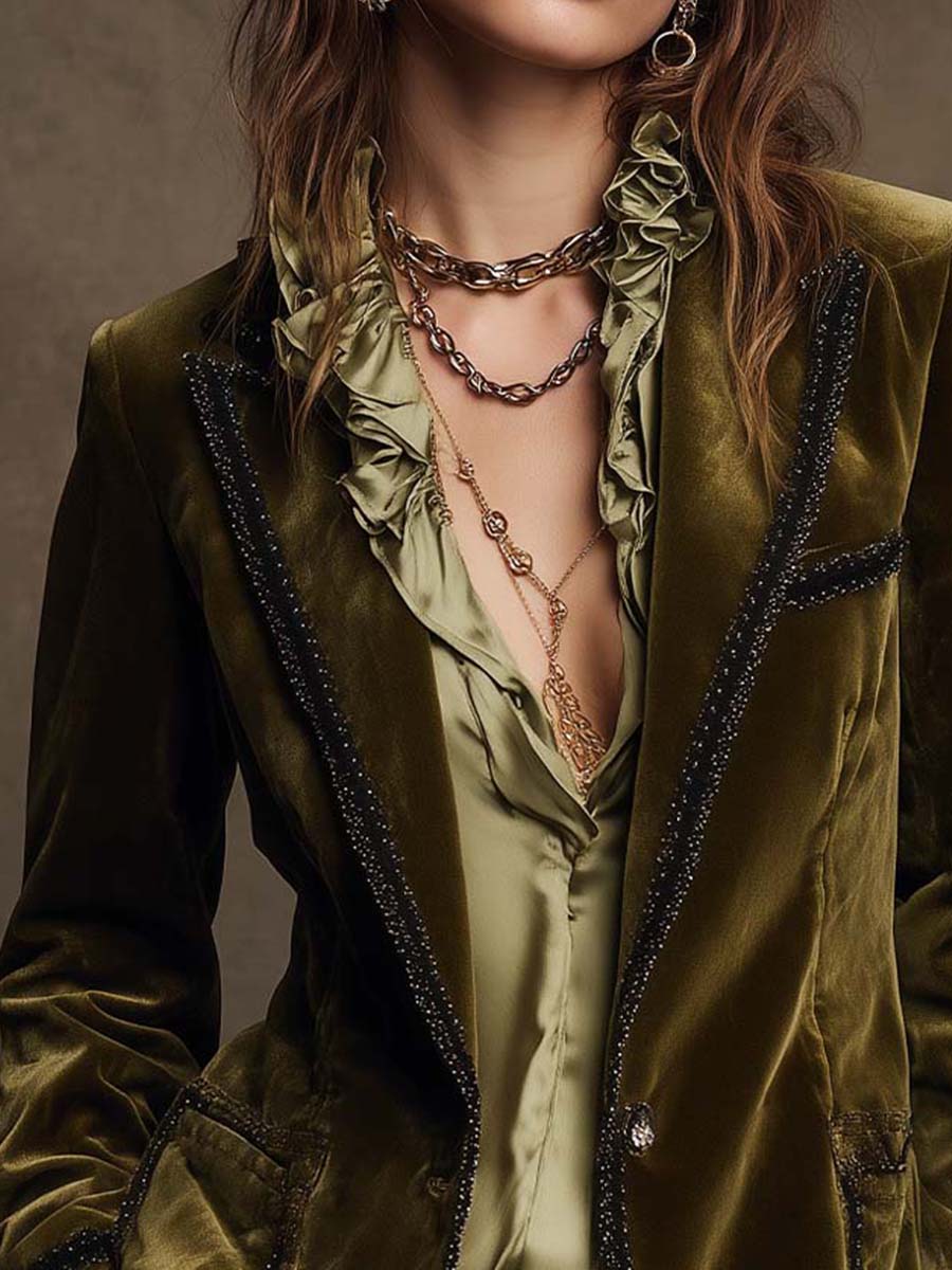 Boho Vintage Olive Velvet Jacket Black Edge Detail