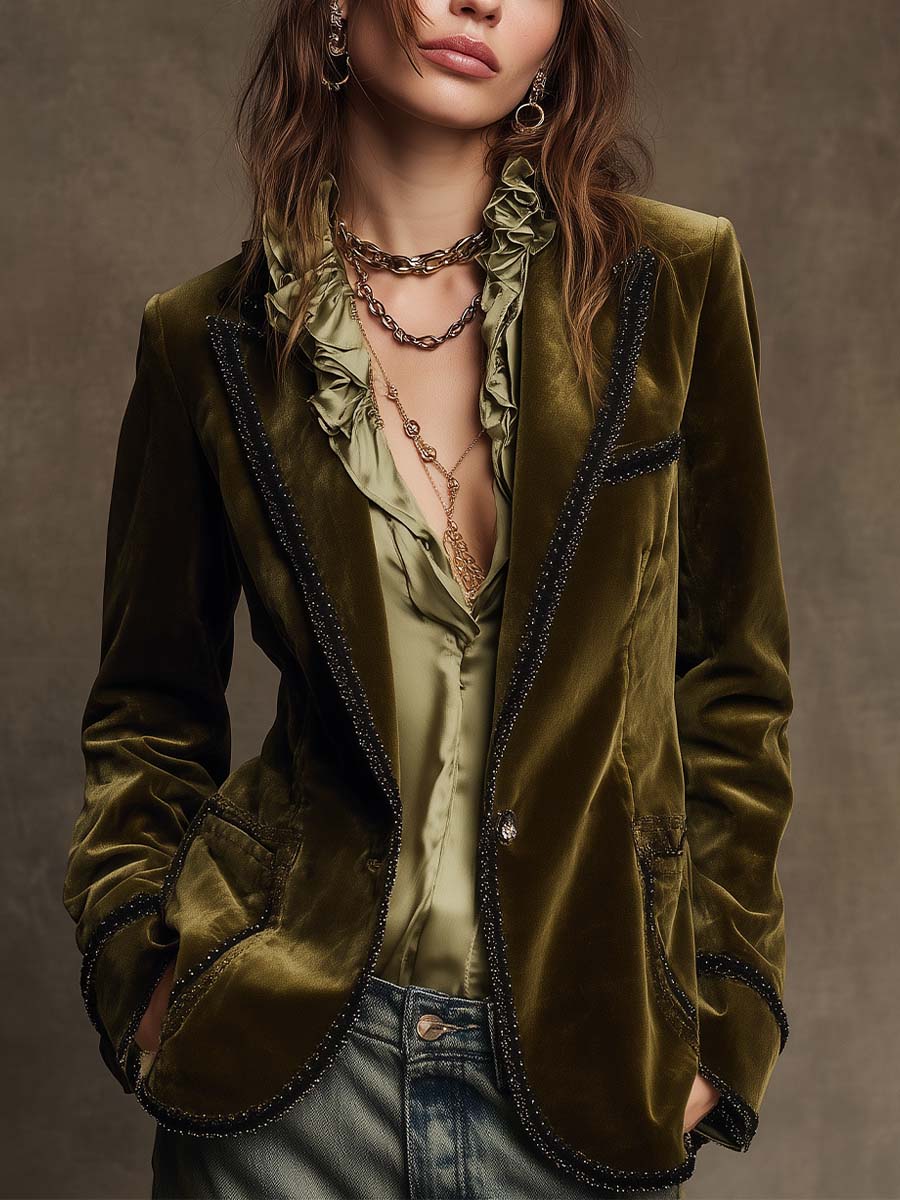 Boho Vintage Olive Velvet Jacket Black Edge Detail