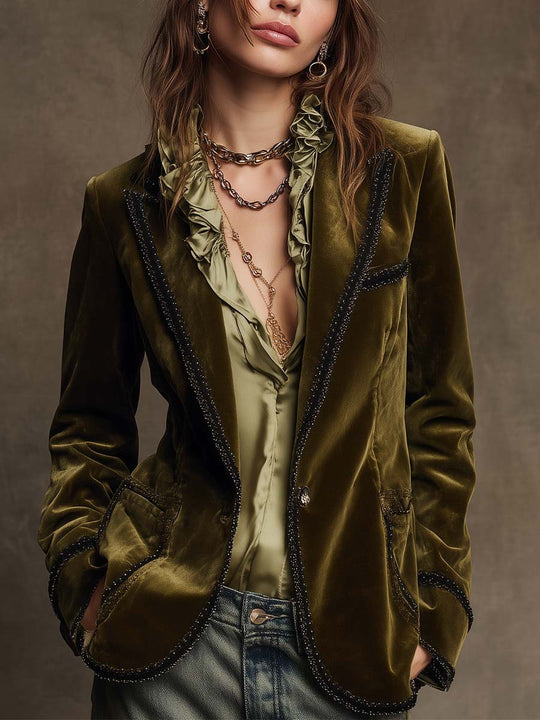 Boho Vintage Olive Velvet Jacket Black Edge Detail