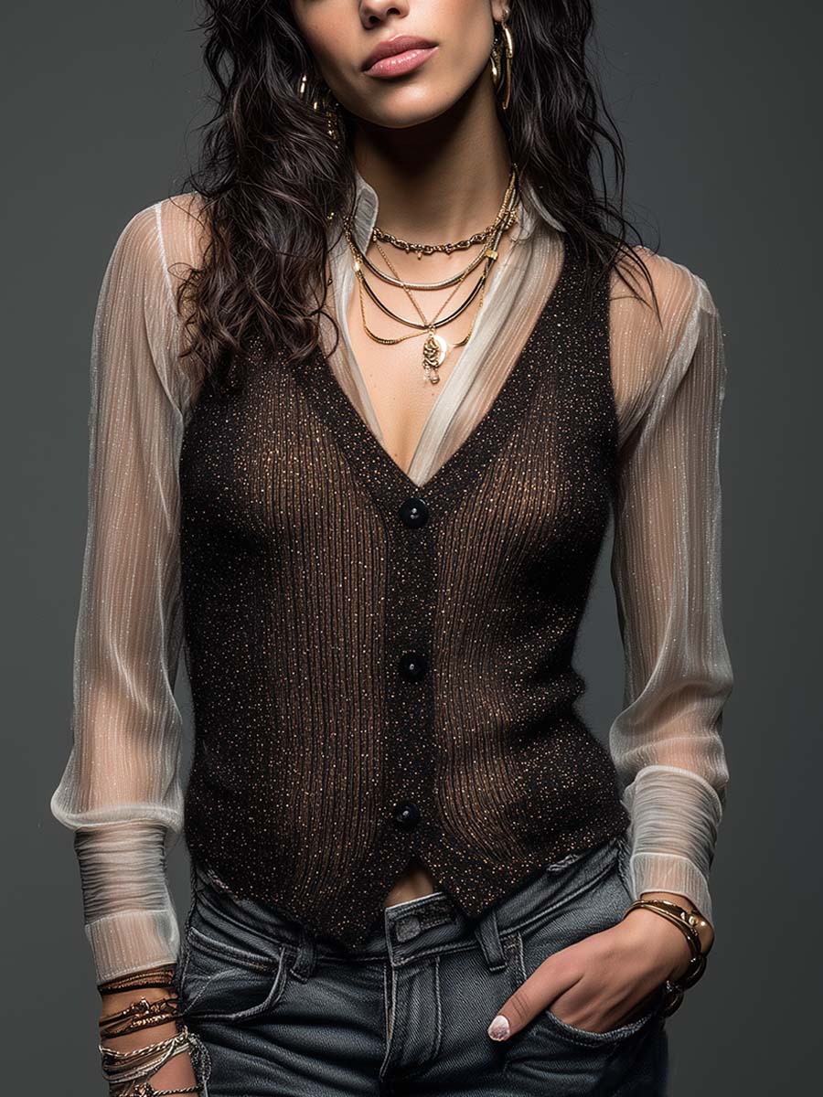 Vintage Boho Glitter Knit V‑Neck Button Vest