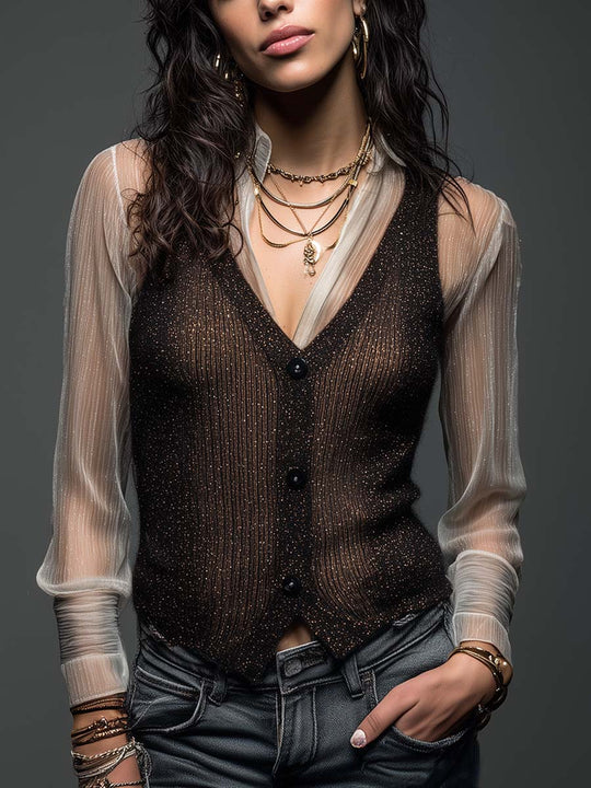 Vintage Boho Glitter Knit V‑Neck Button Vest