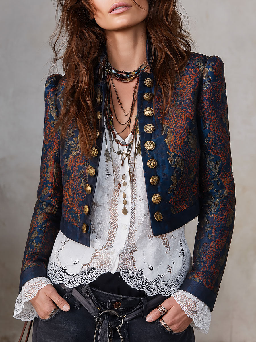 Vintage Stand Collar Double-breasted Printed Cropped Jacket