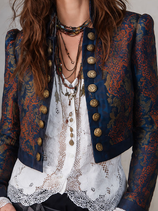 Vintage Stand Collar Double-breasted Printed Cropped Jacket