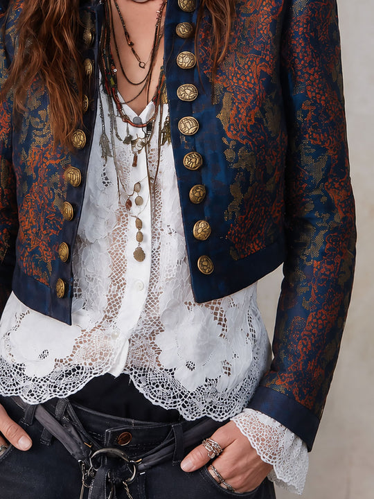 Vintage Stand Collar Double-breasted Printed Cropped Jacket