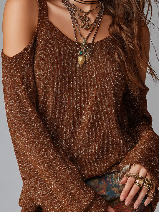 Boho Silver-thread Knit Pullover With Cut-out Shoulders